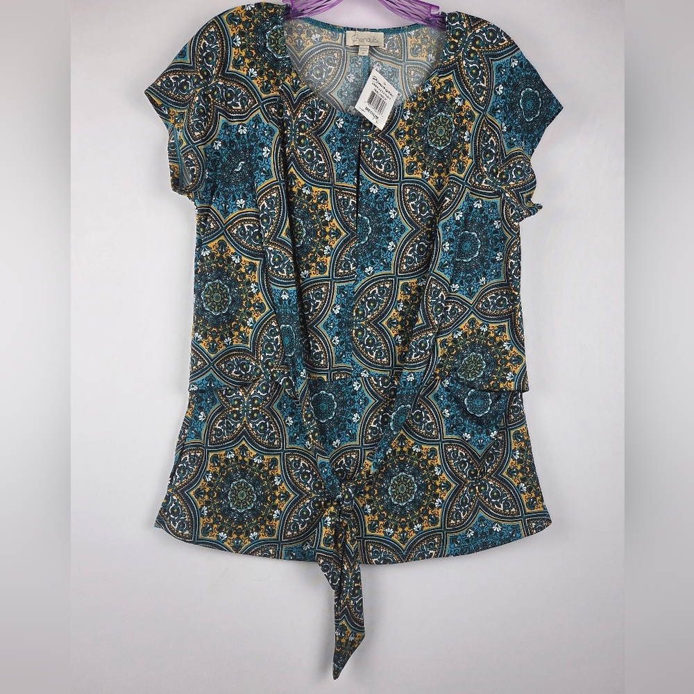 Chenault Teal Gold Short Sleeve Top Women Size M